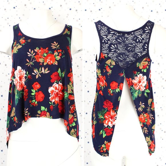 Navy Floral Tank Top Lace Open Back - Picture 1 of 5